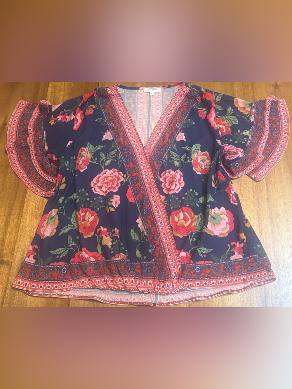 Umgee navy floral geometric border flutter sleeve blouse